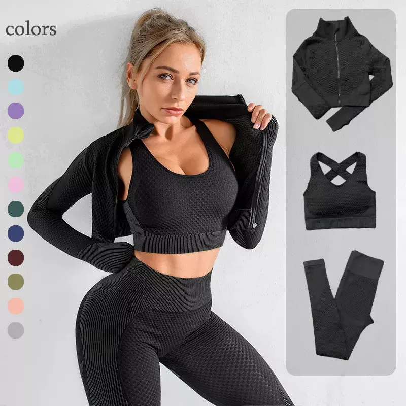 Long Sleeve High Waist Sports bra and  Leggings 3 piece Set