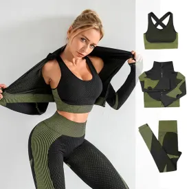 Long Sleeve High Waist Sports bra and  Leggings 3 piece Set