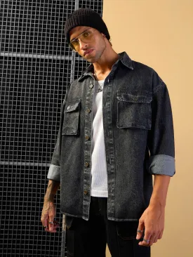 Men Black Washed Denim Oversize Shacket