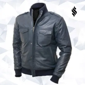 Men Blue Bomber Leather Jacket