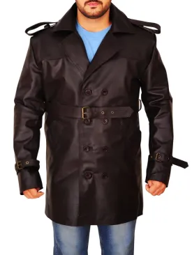 Men Brown Leather Peacoat