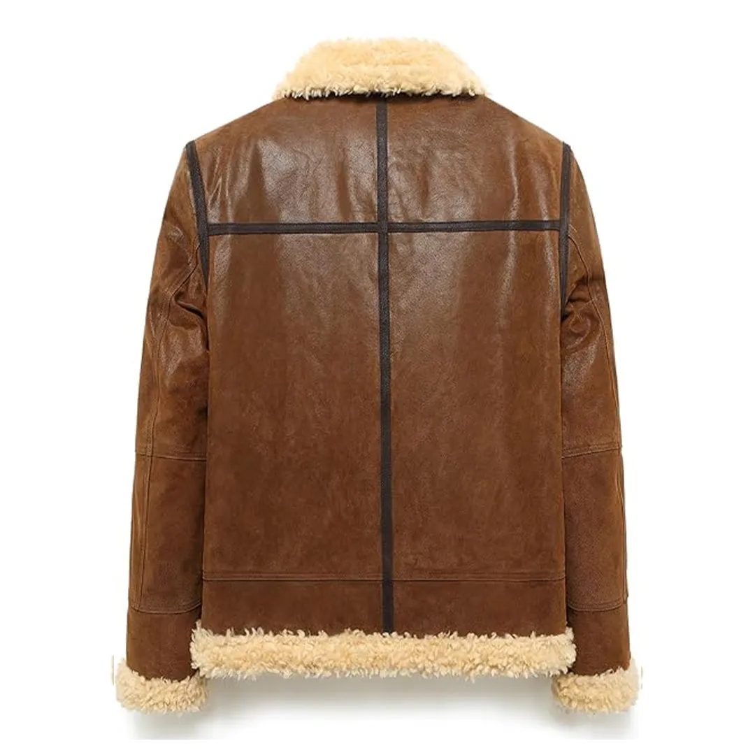 Men's Adjustable Warm Faux Shearling Aviator Leather Jacket