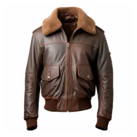 Men's Brown Pilot Faux Shearling Lapel Bomber Leather Jacket