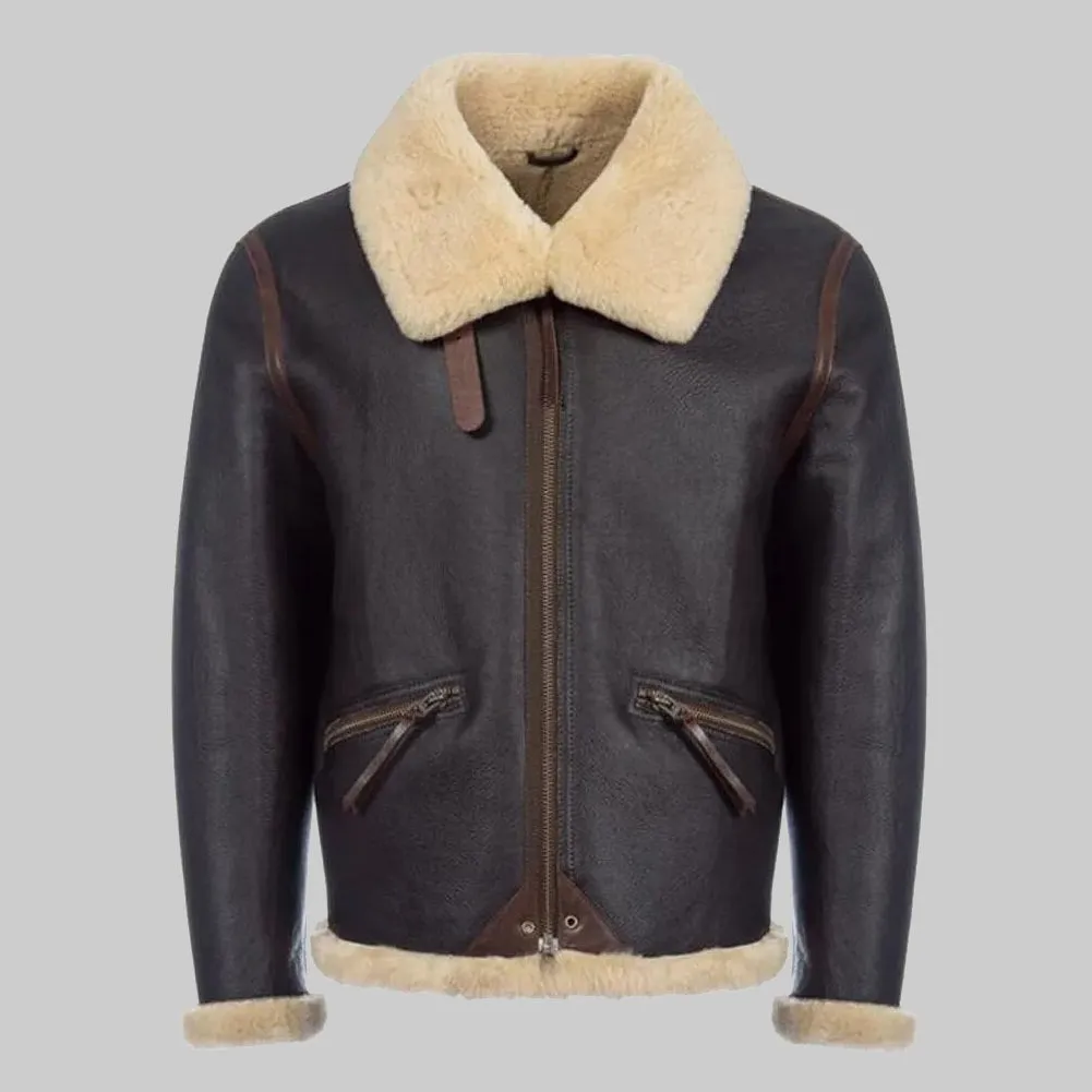 Men's Brown Shearling Flight Jacket - Leather Merino Sheepskin Jacket