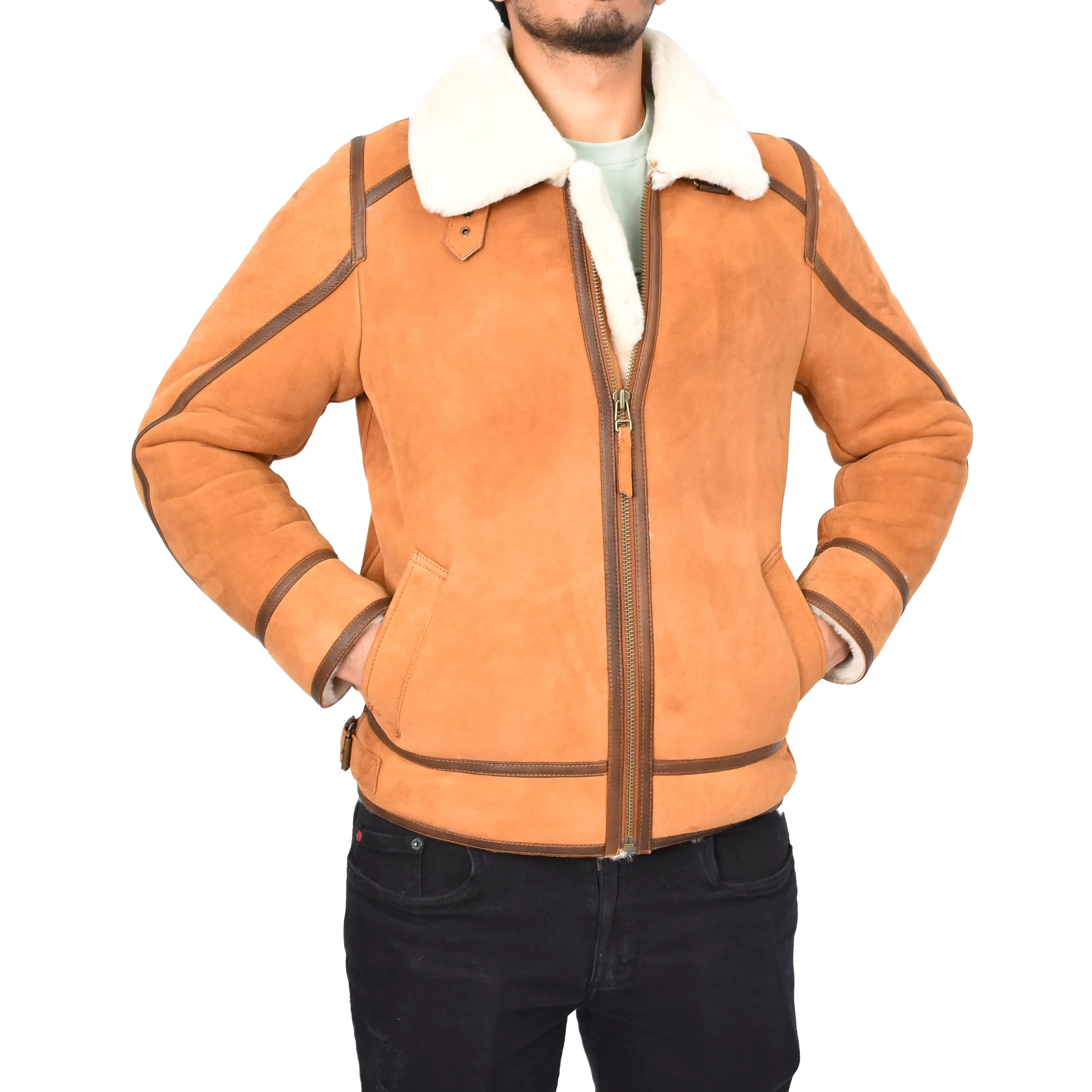 Men's Real Sheepskin Flying Jacket Aviator Style Cognac Thorian