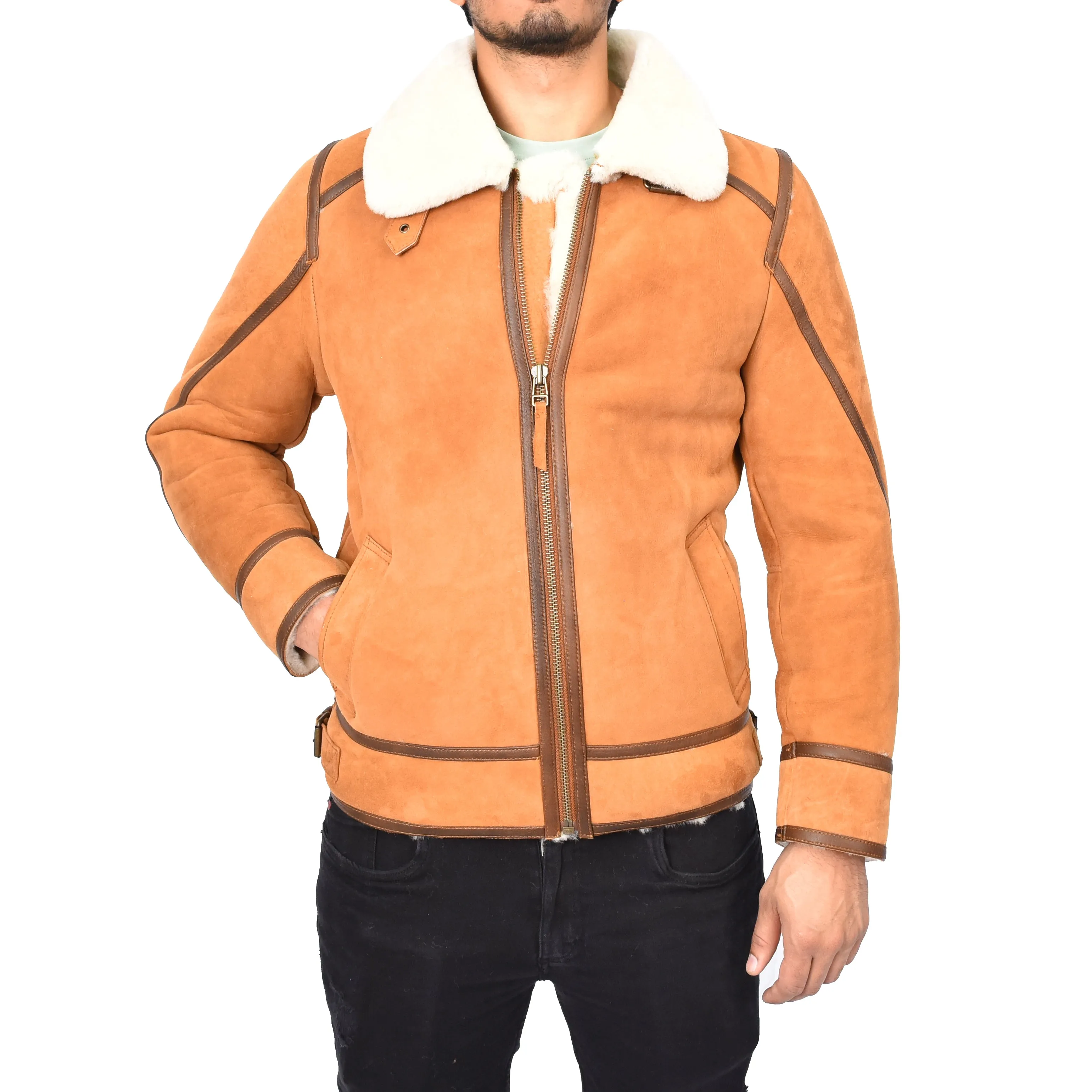 Men's Real Sheepskin Flying Jacket Aviator Style Cognac Thorian