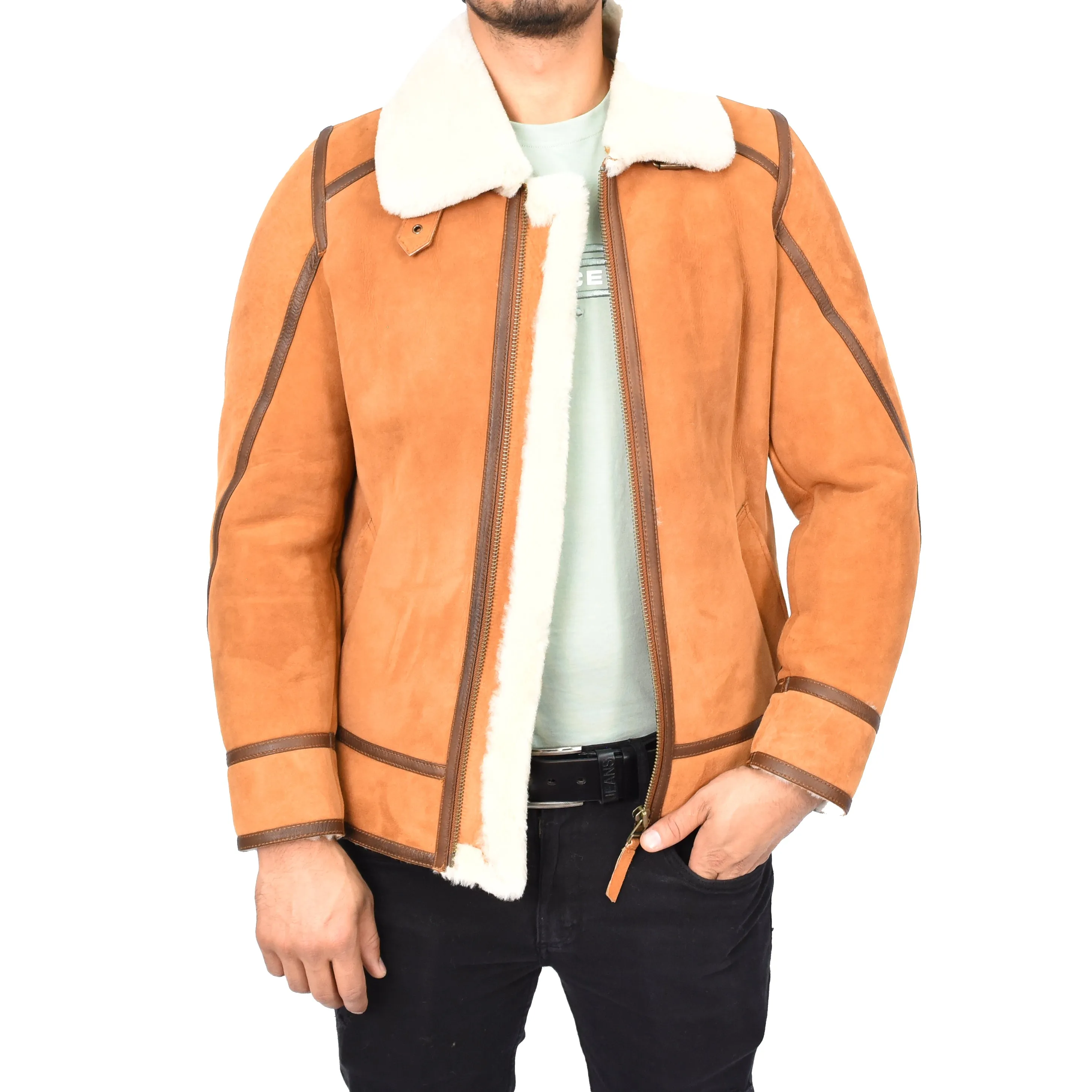 Men's Real Sheepskin Flying Jacket Aviator Style Cognac Thorian