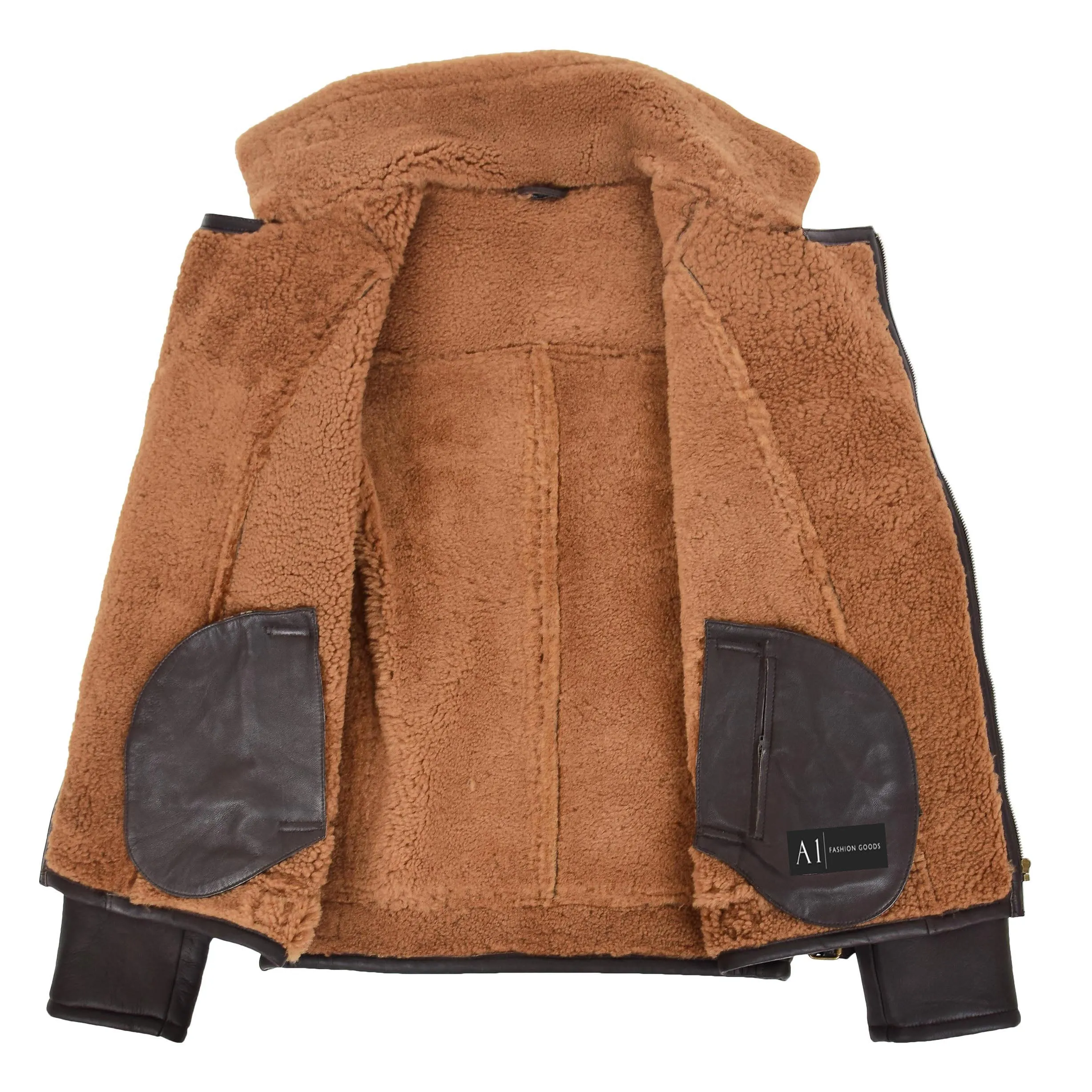 Mens Real Sheepskin Flying Jacket X-Zip Shearling Aviator Bomber Stealth Brown Ginger