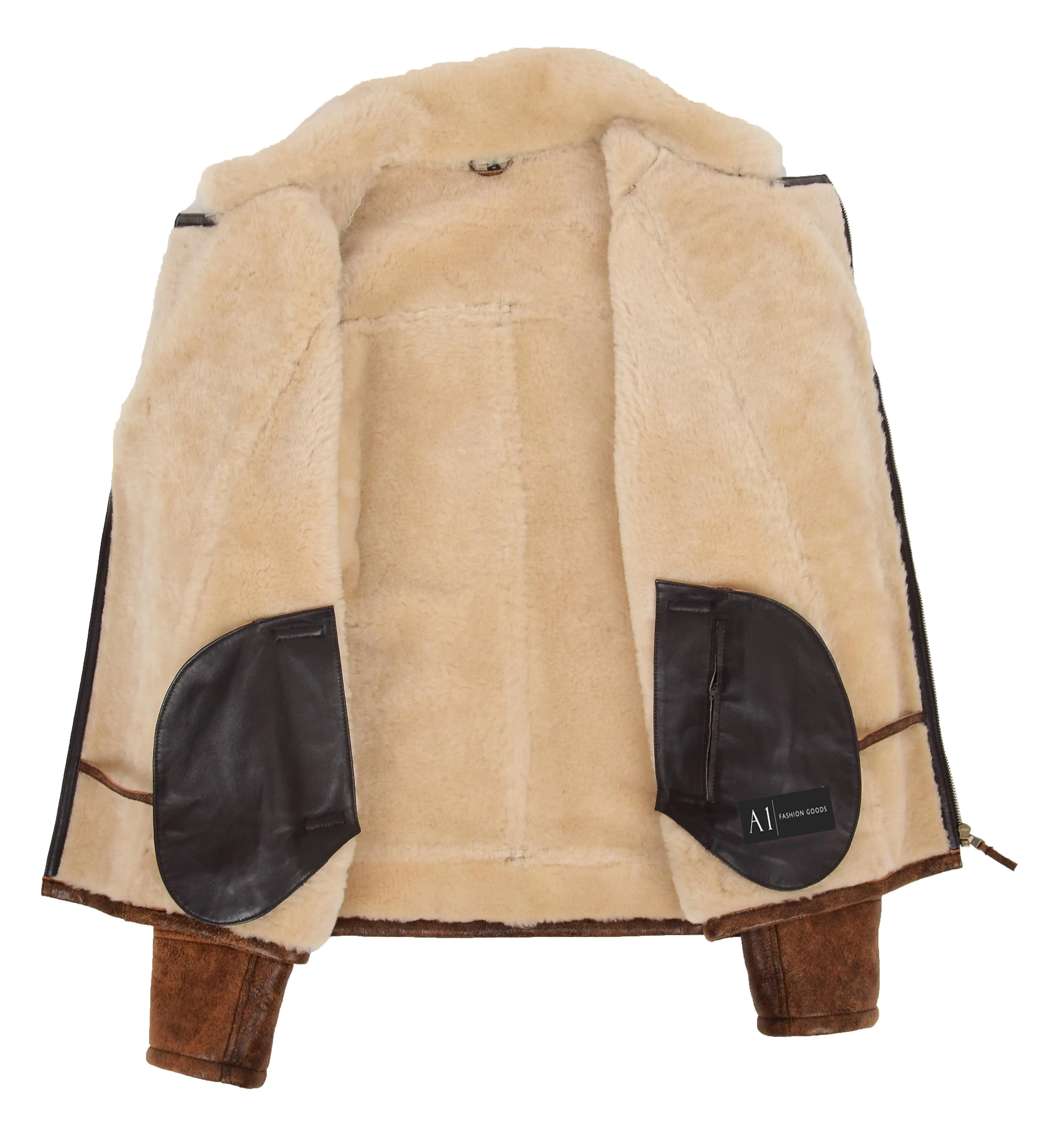 Mens Real Sheepskin Flying Jacket X-Zip Shearling B3 Aviator Stealth Brown Antique