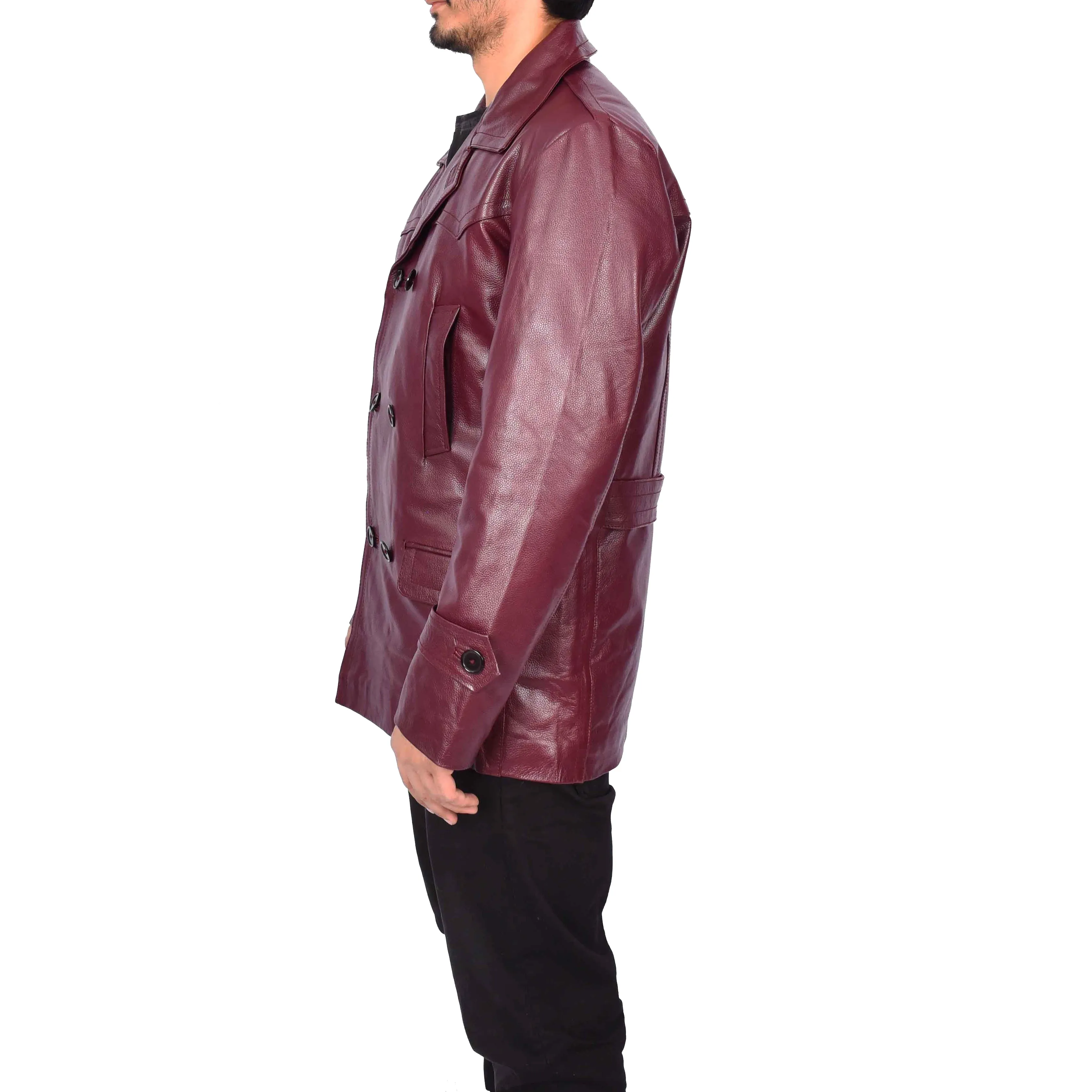 Men’s Trench Pure Leather Fitted Reefer Military Overcoat Burgundy Denbey