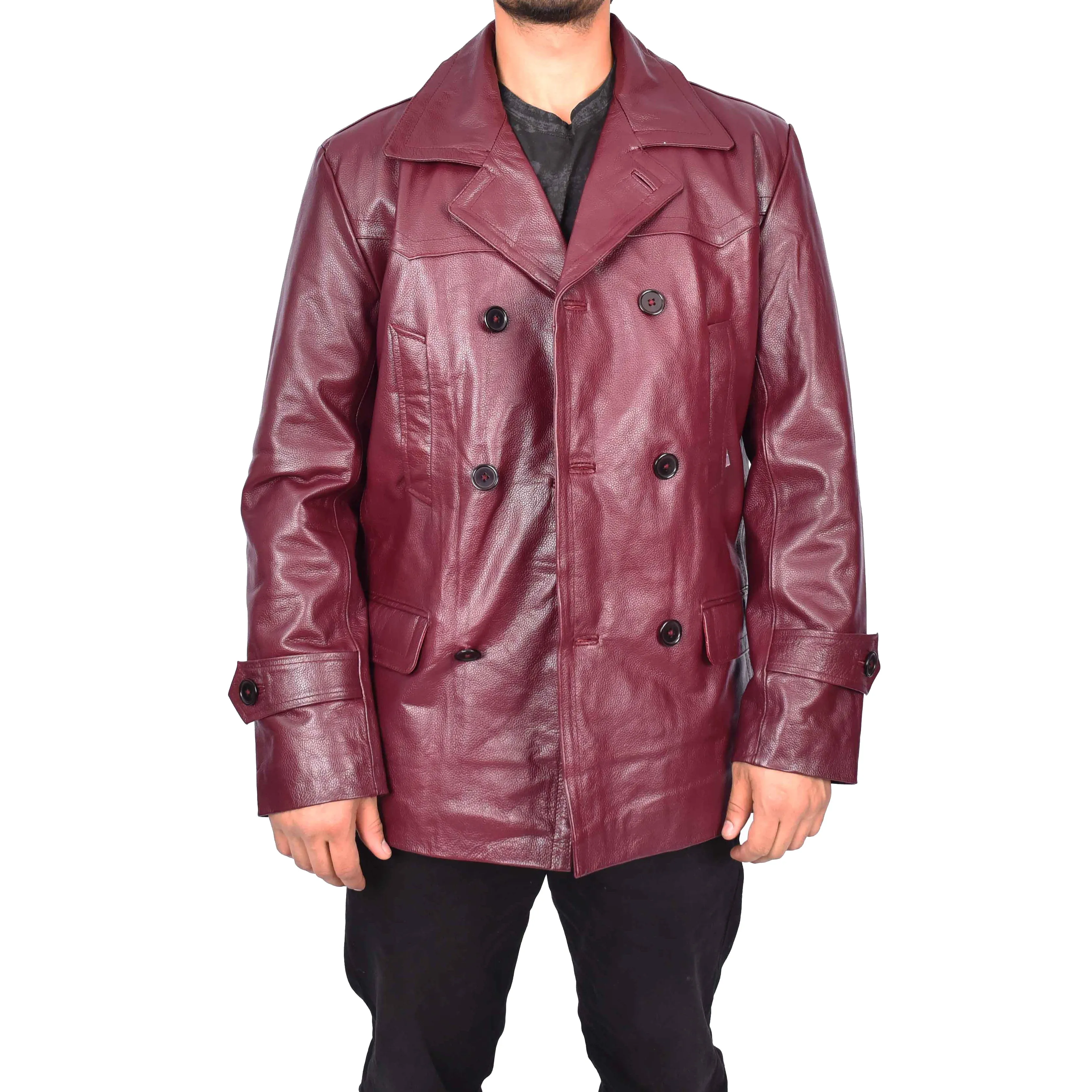 Men’s Trench Pure Leather Fitted Reefer Military Overcoat Burgundy Denbey