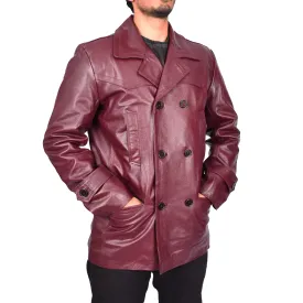 Men’s Trench Pure Leather Fitted Reefer Military Overcoat Burgundy Denbey