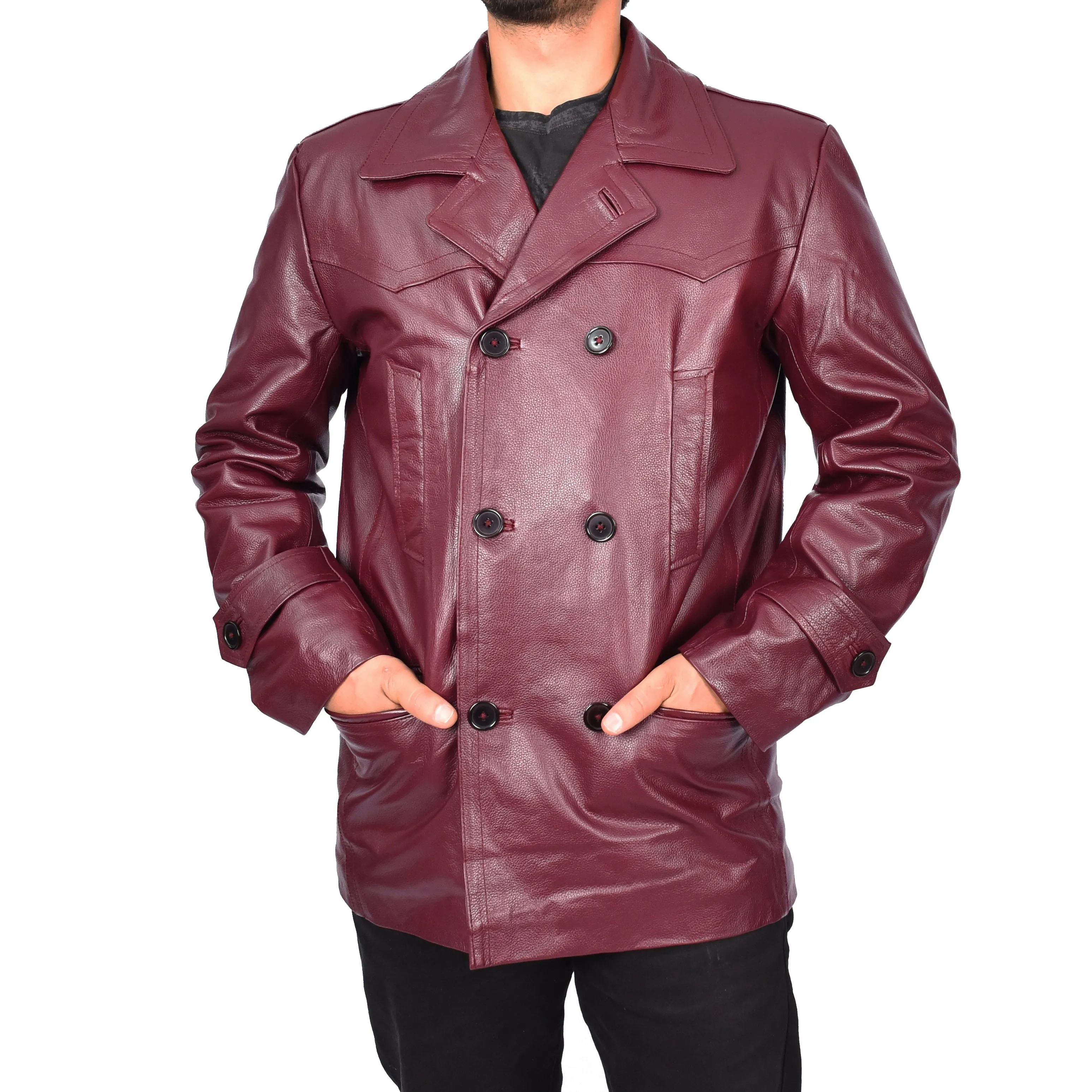 Men’s Trench Pure Leather Fitted Reefer Military Overcoat Burgundy Denbey