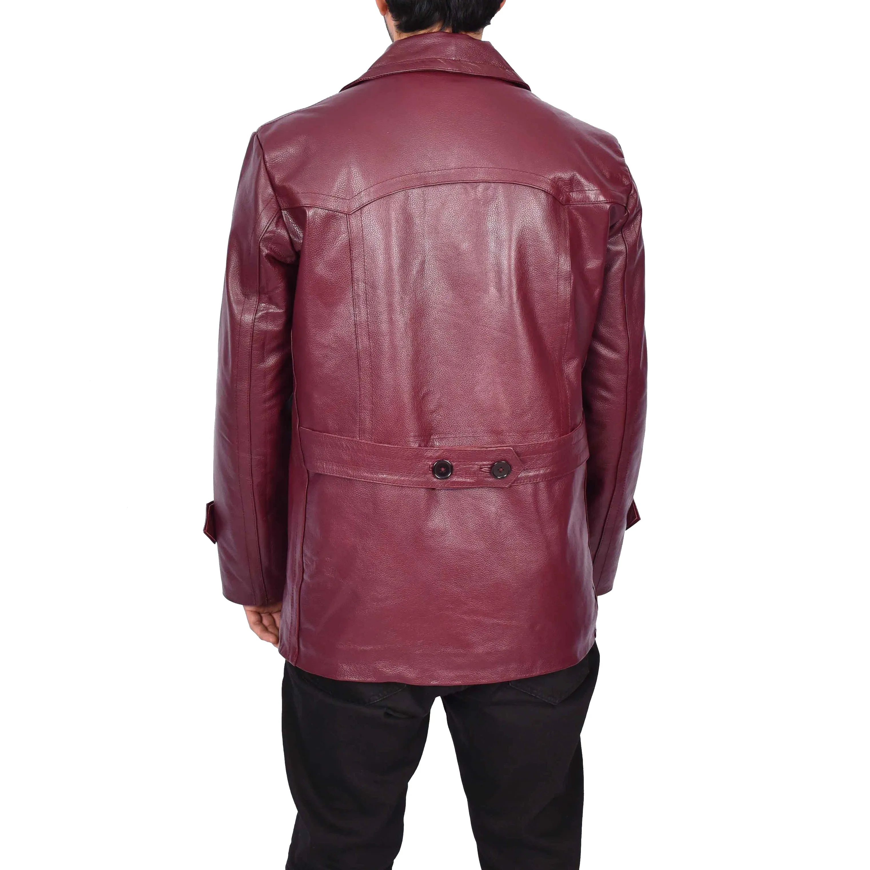 Men’s Trench Pure Leather Fitted Reefer Military Overcoat Burgundy Denbey