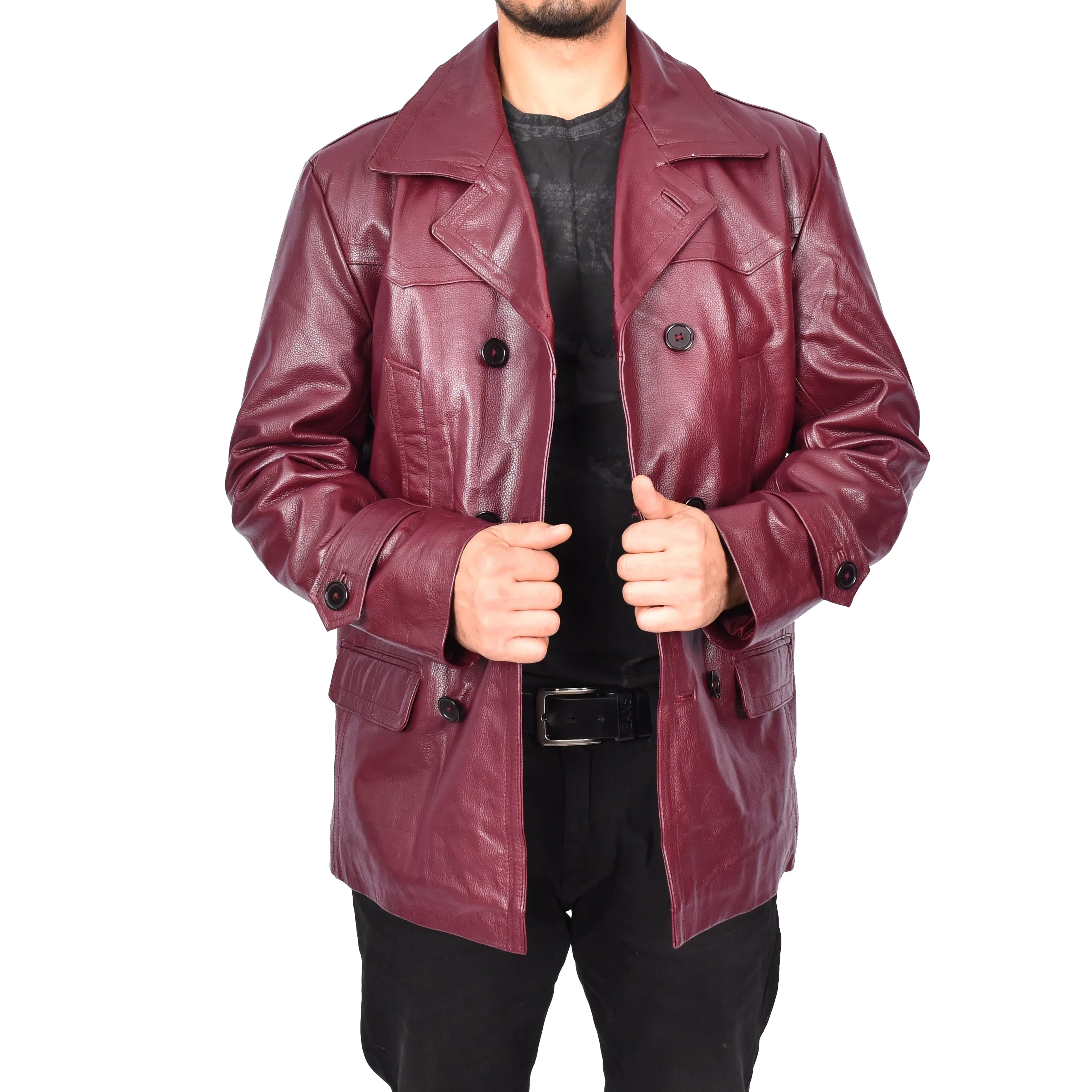 Men’s Trench Pure Leather Fitted Reefer Military Overcoat Burgundy Denbey