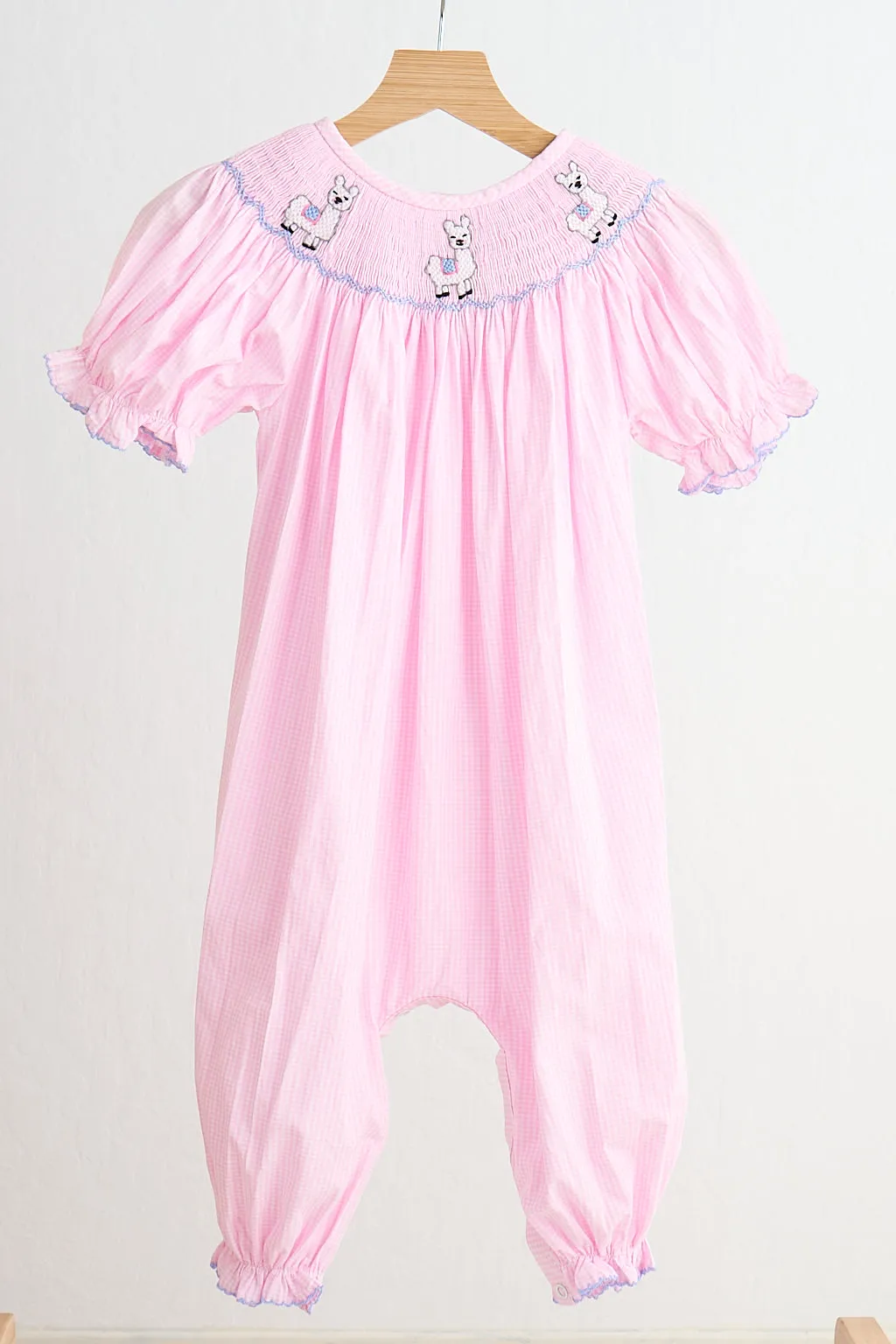 Pink alpaca hand smocked gingham girl romper