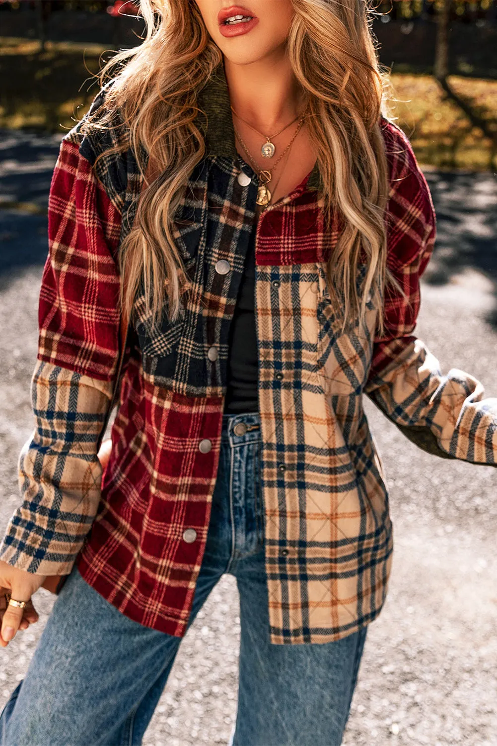 Plaid Patchwork Pocketed Shacket