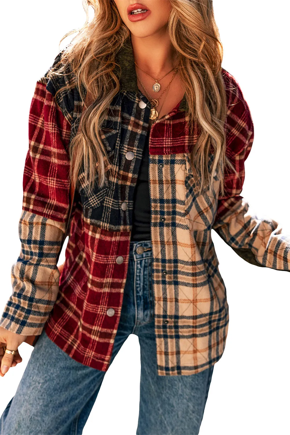 Plaid Patchwork Pocketed Shacket