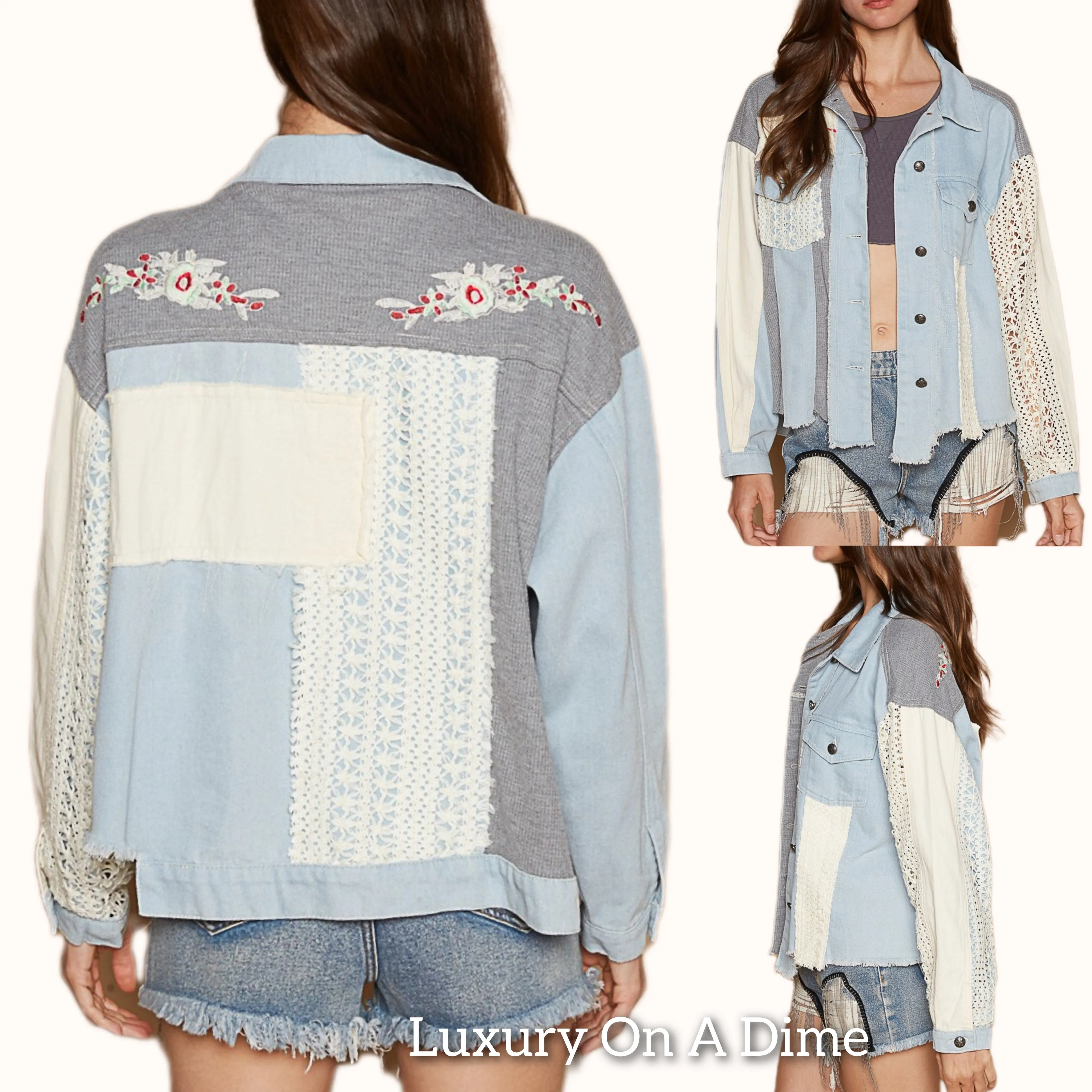 POL Denim Shacket Crochet Lace Boho Floral Embroidered Patchwork Raw Hem Jacket