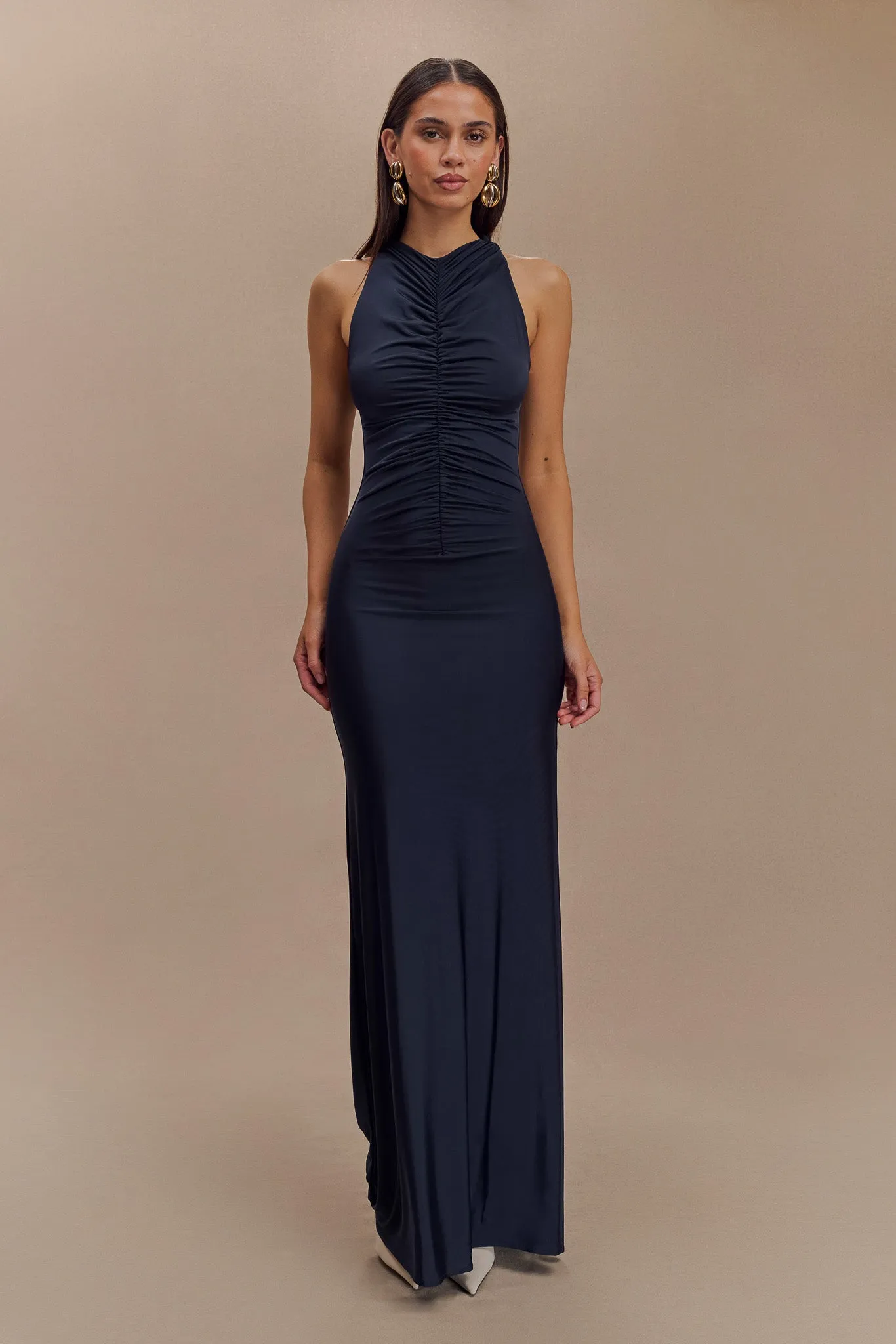 Priya Slinky Ruched Halter Maxi Dress - Navy