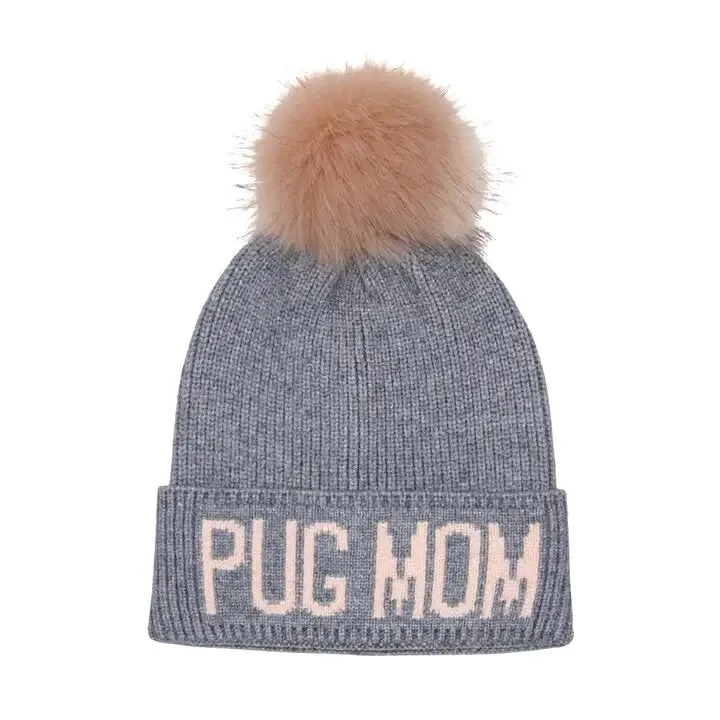 Pug Mom Knit Pom Beanie in Gray