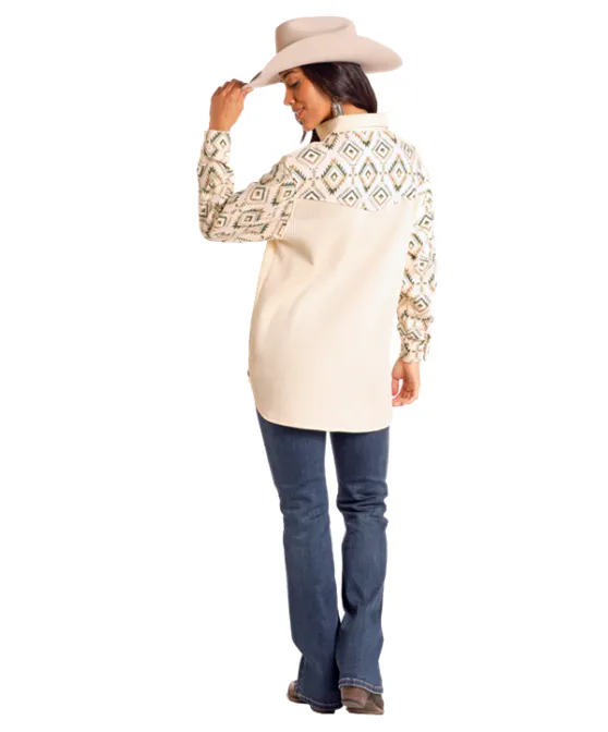 Rock and Roll Cowgirl Women's Ivory Aztec Waffle Knit Button Down Shacket BW92C04500