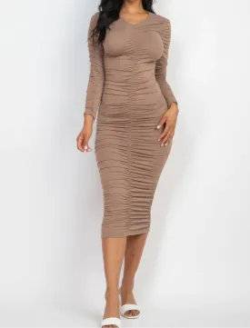 Ruched Long Sleeve Midi Dress