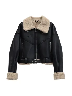 Shearling Lined PU Leather Jacket - Women's Faux Fur Moto Coat