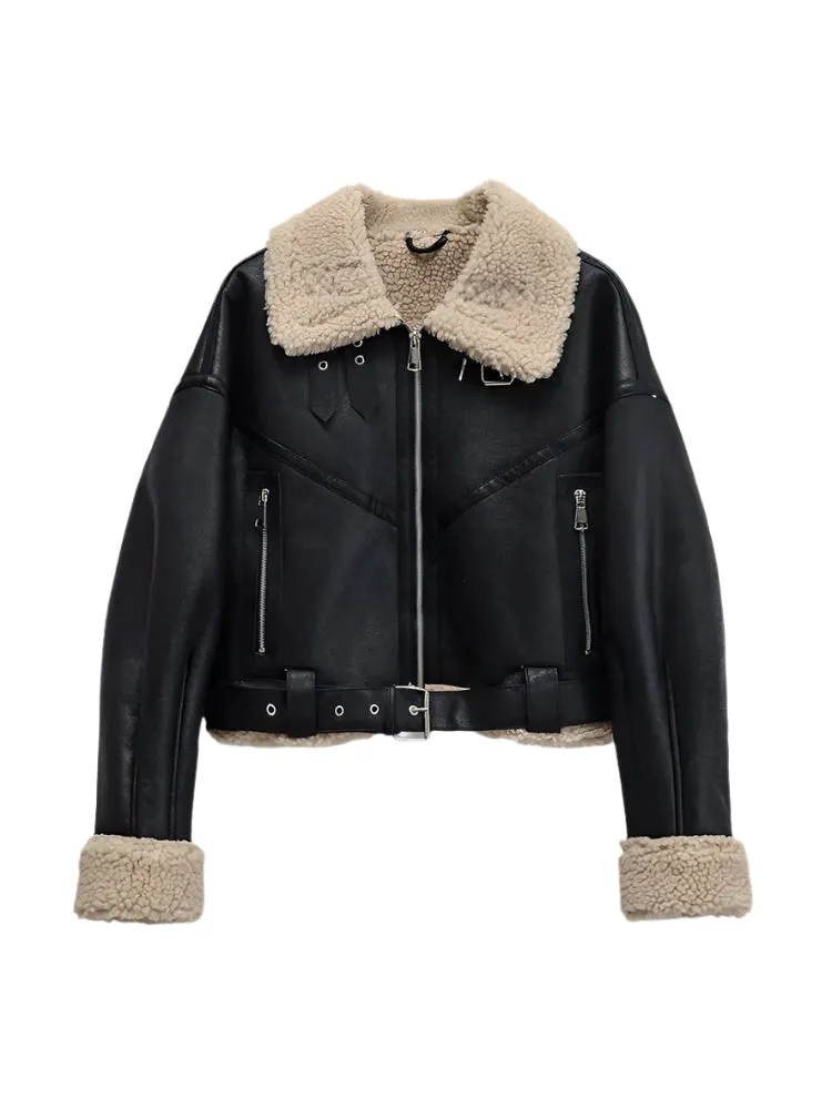 Shearling Lined PU Leather Jacket - Women's Faux Fur Moto Coat