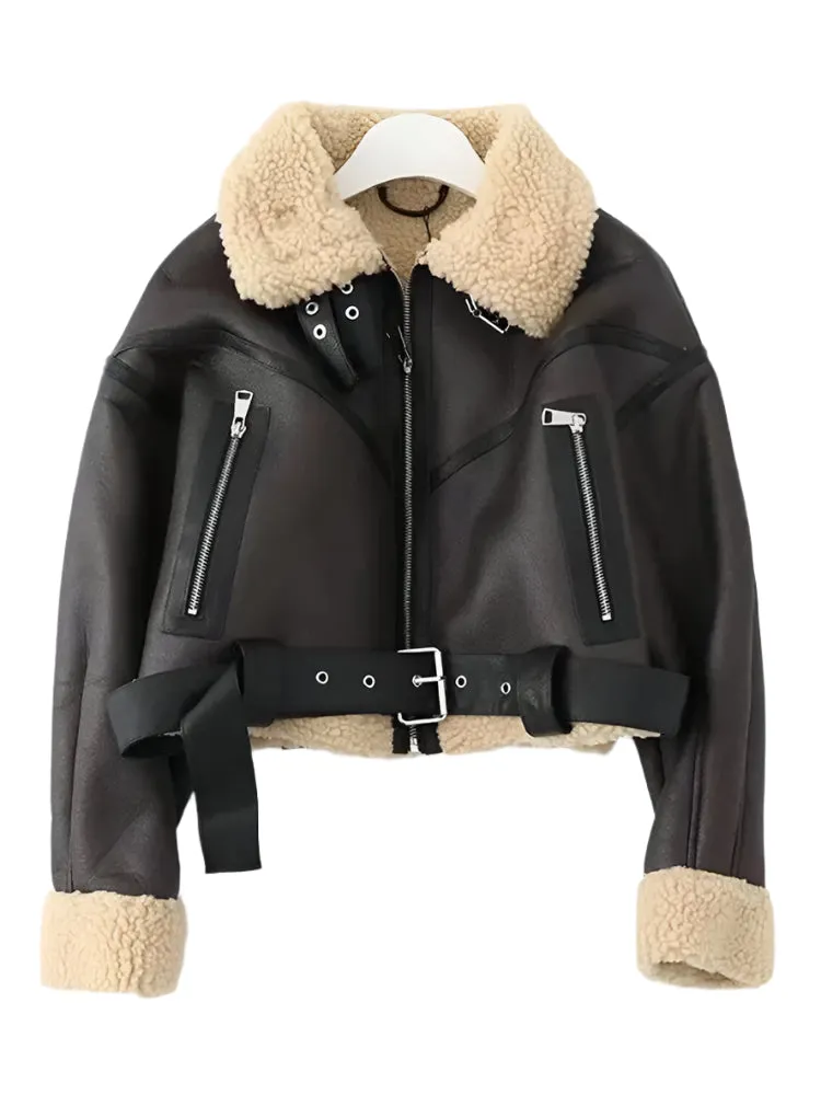 Shearling Lined PU Leather Jacket - Women's Faux Fur Moto Coat