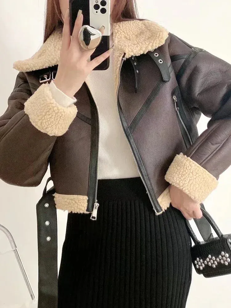 Shearling Lined PU Leather Jacket - Women's Faux Fur Moto Coat