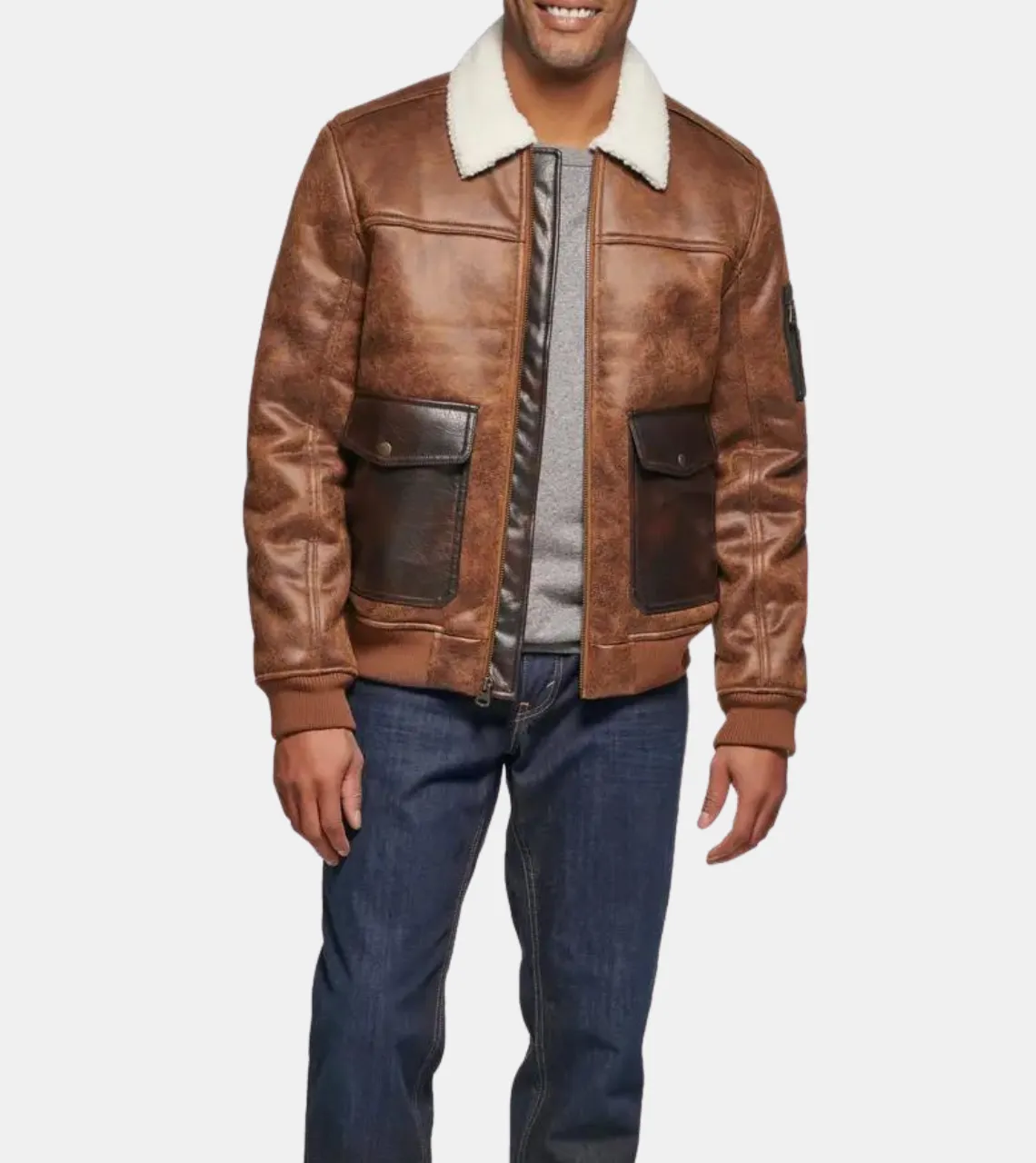 Sinead Men's Brown Shearling Collar Distressed Leather Jacket