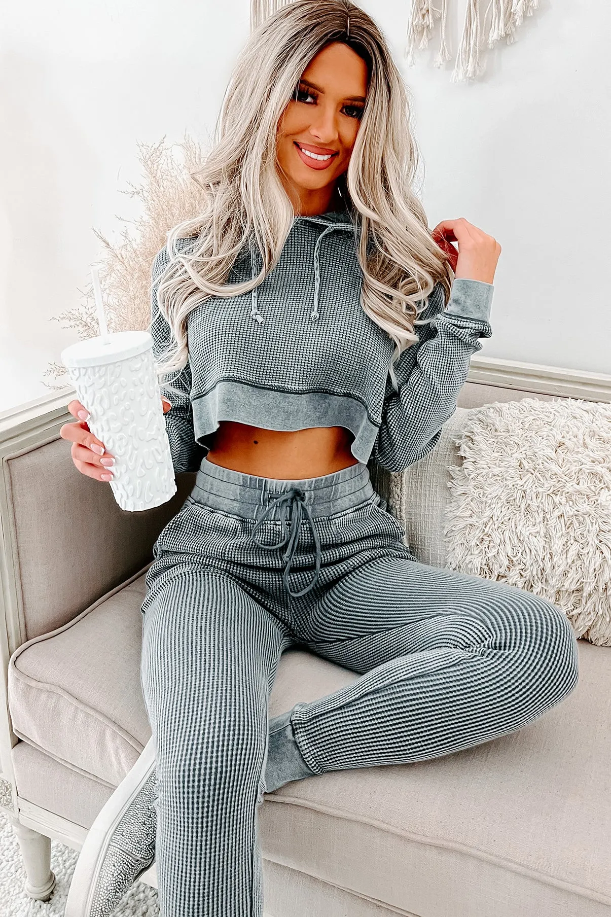 Snooze & Snuggle Thermal Knit Cropped Hoodie (Washed Black)