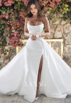 Straplesss High Slit Sleek Satin Elegant Wedding Dress with Train