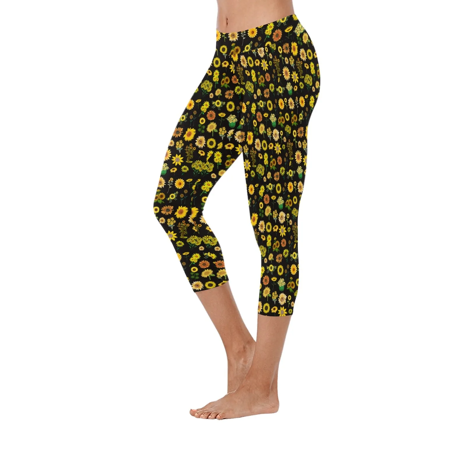 Sunflowers Graphic Black Capri Leggings up to 5 XL