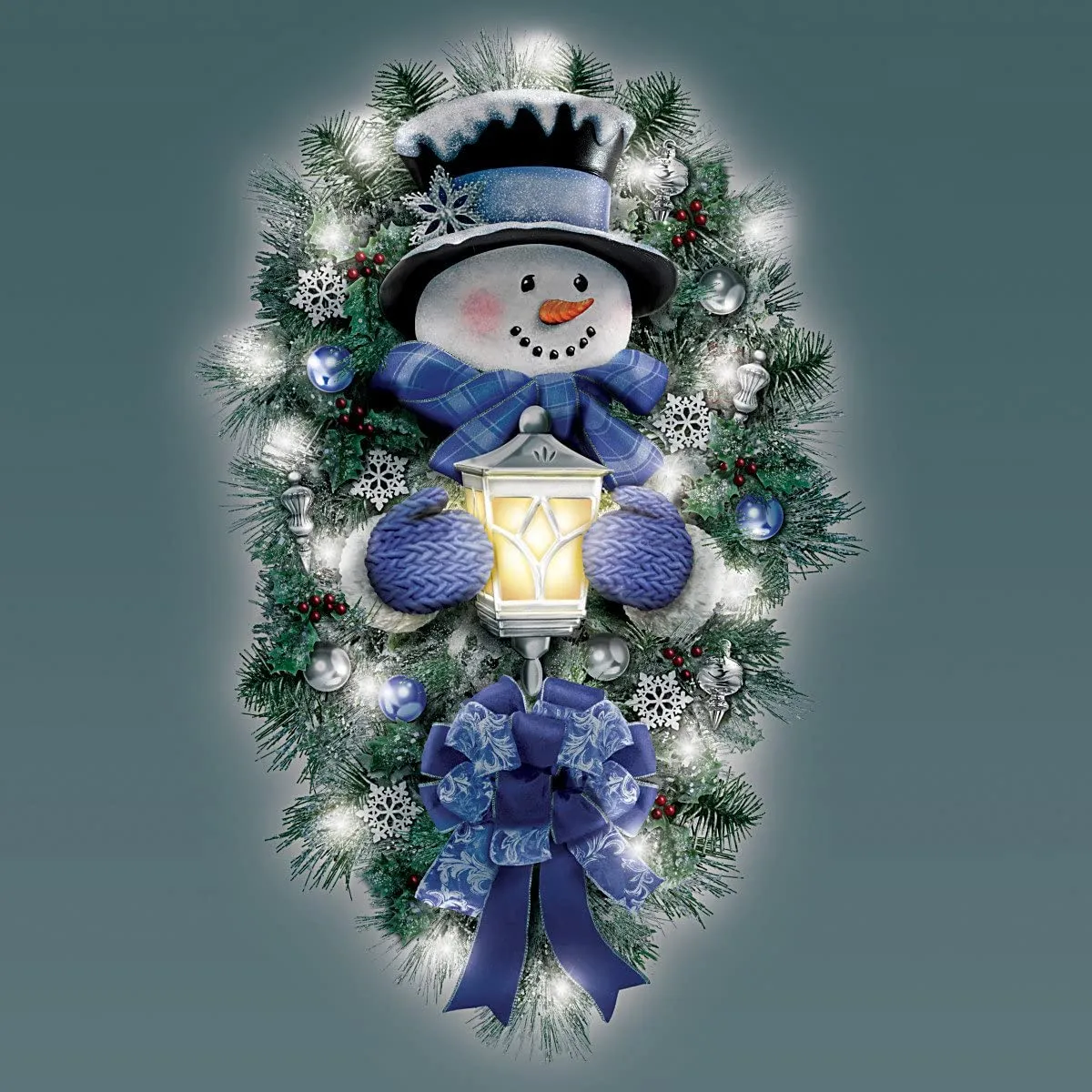 The Bradford Exchange Thomas Kinkade A Warm Winter Welcome Holiday Snowman Wreath Lights Up: 2' Tall