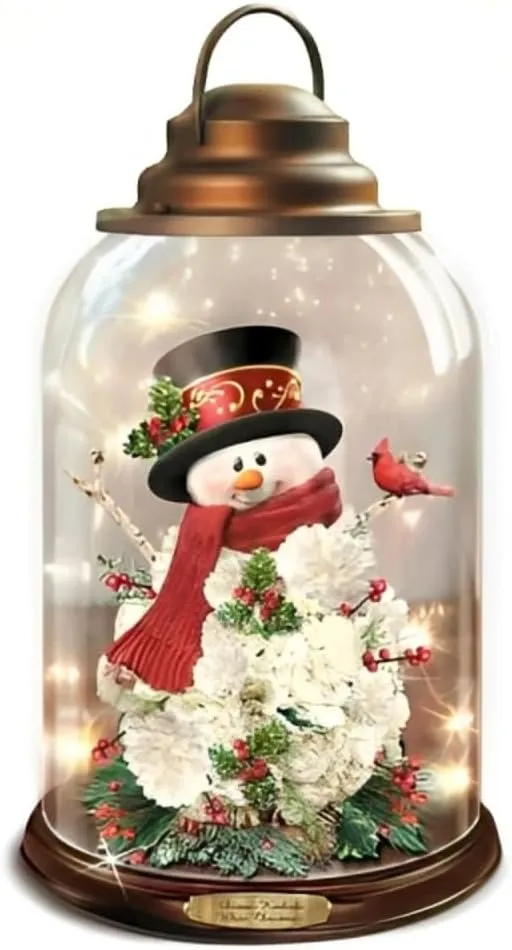 The Bradford Exchange White Christmas Always in Bloom Musical Glass Lantern Illuminated Hand-Crafted Snowman Cardinal Sculpture Floral Design with Melodies Christmas Decoration by T-Kinkade 9-inches