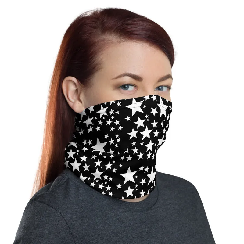 White Black Star Face Mask, Shield Covering, Neck Gaiter Warmer Bandana-Made in USA/EU