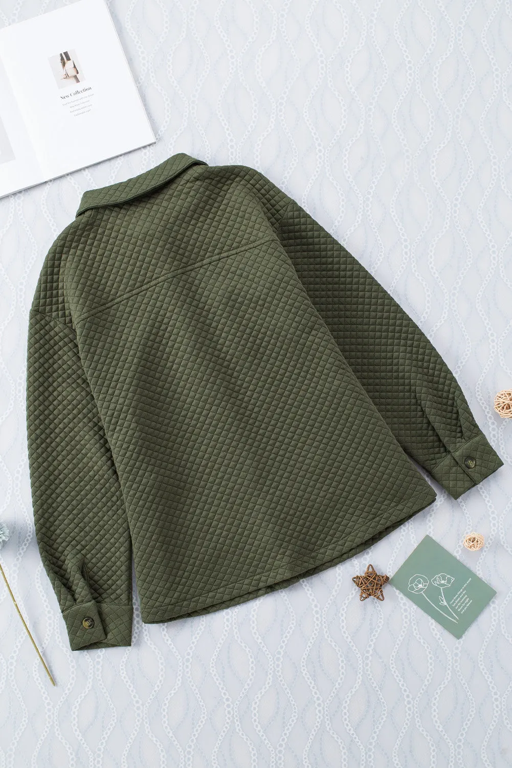 Wholesale Green Lattice Texture Pockets Button Up Quilted Shacket