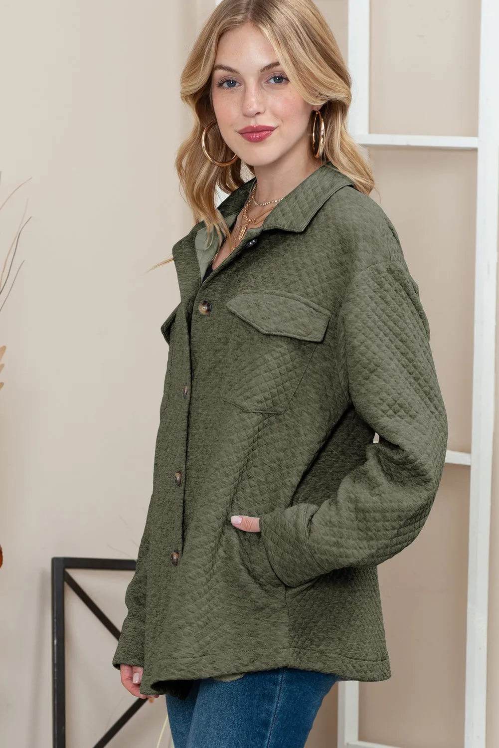 Wholesale Green Lattice Texture Pockets Button Up Quilted Shacket