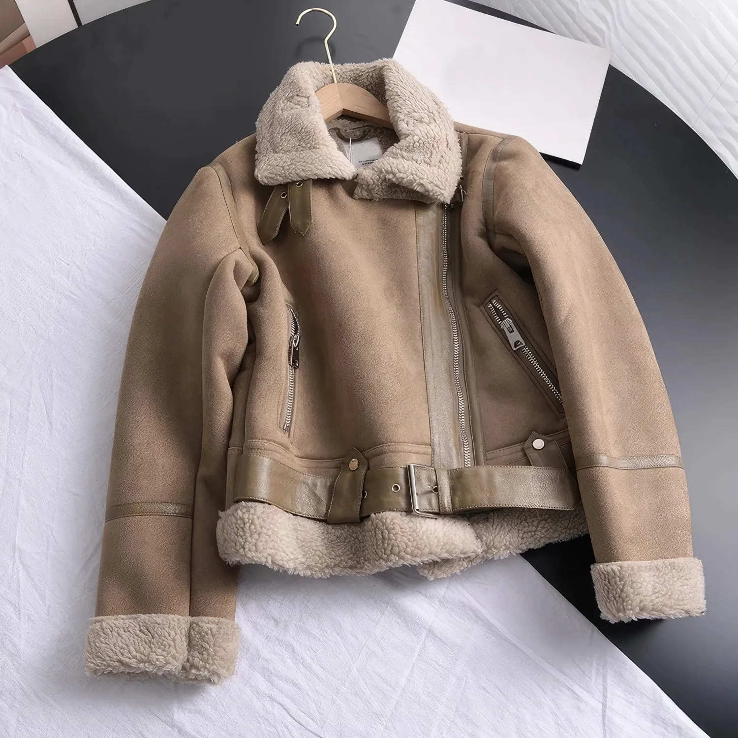 Women’s Brown Vintage Genuine Suede Lambskin Crossover Lapel Collar Sherpa Shearling Faux Fur Lined Sporty Moto Biker Asymmetric Leather Jacket