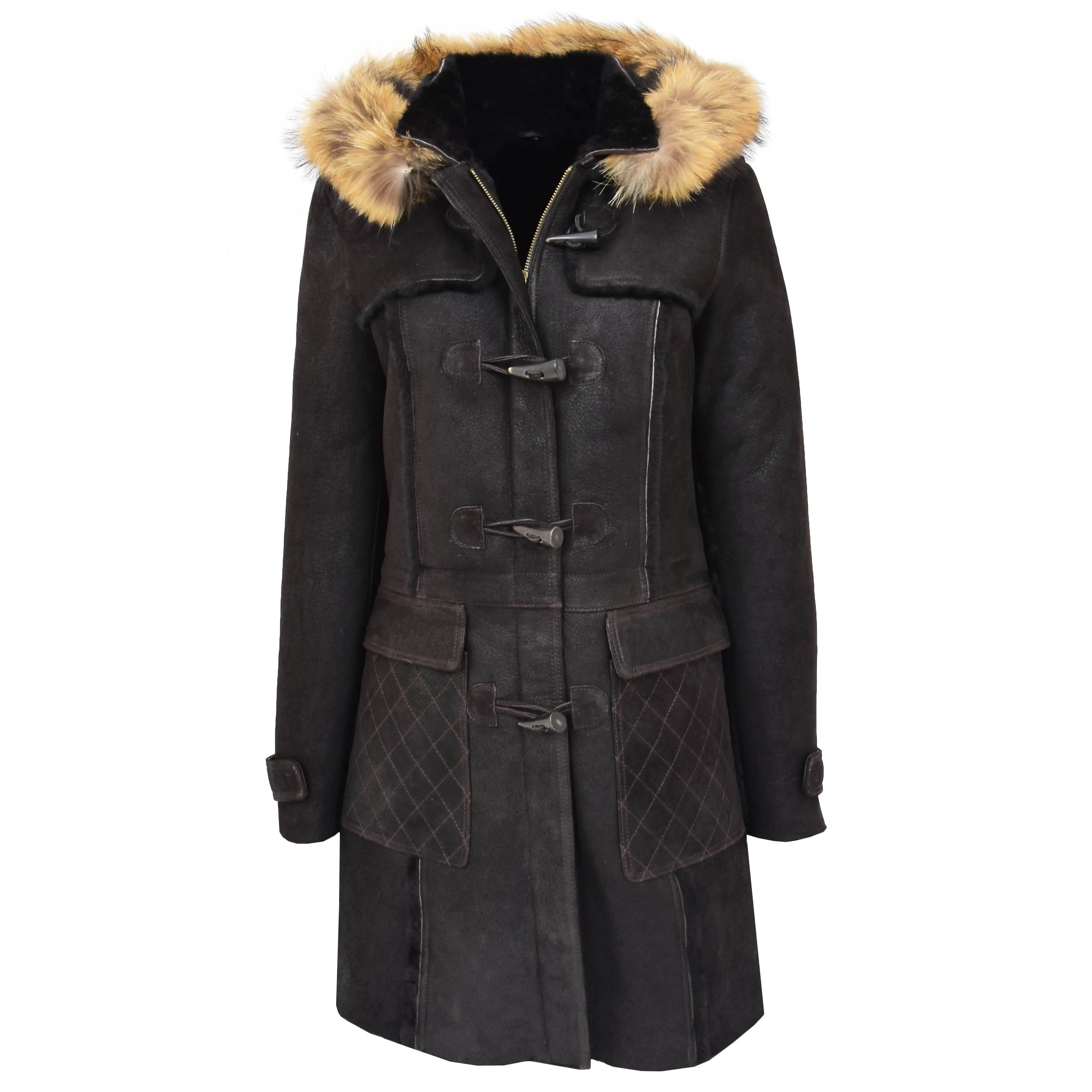 Womens Genuine Sheepskin Duffle Coat Hooded Shearling Jacket Evie Brown