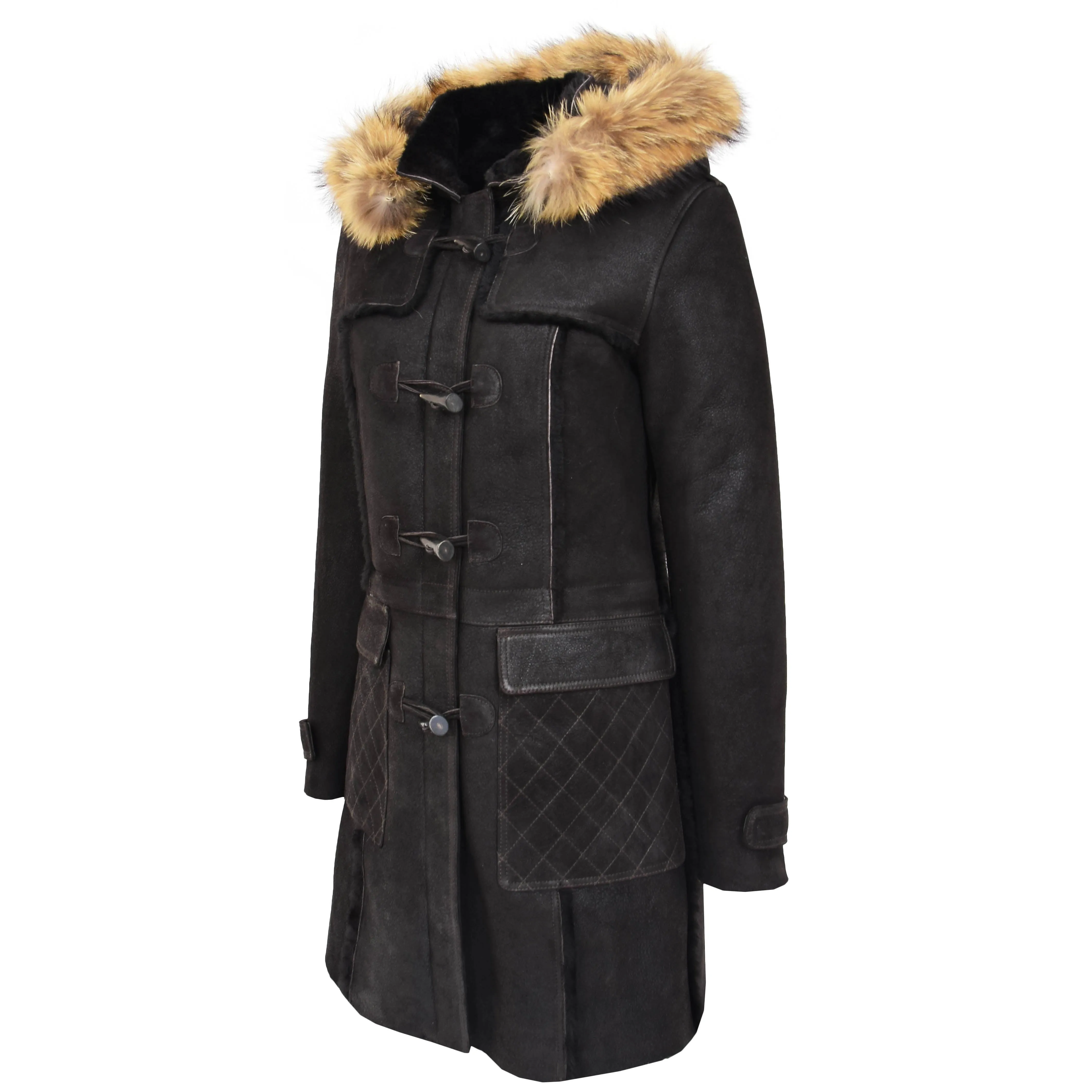 Womens Genuine Sheepskin Duffle Coat Hooded Shearling Jacket Evie Brown