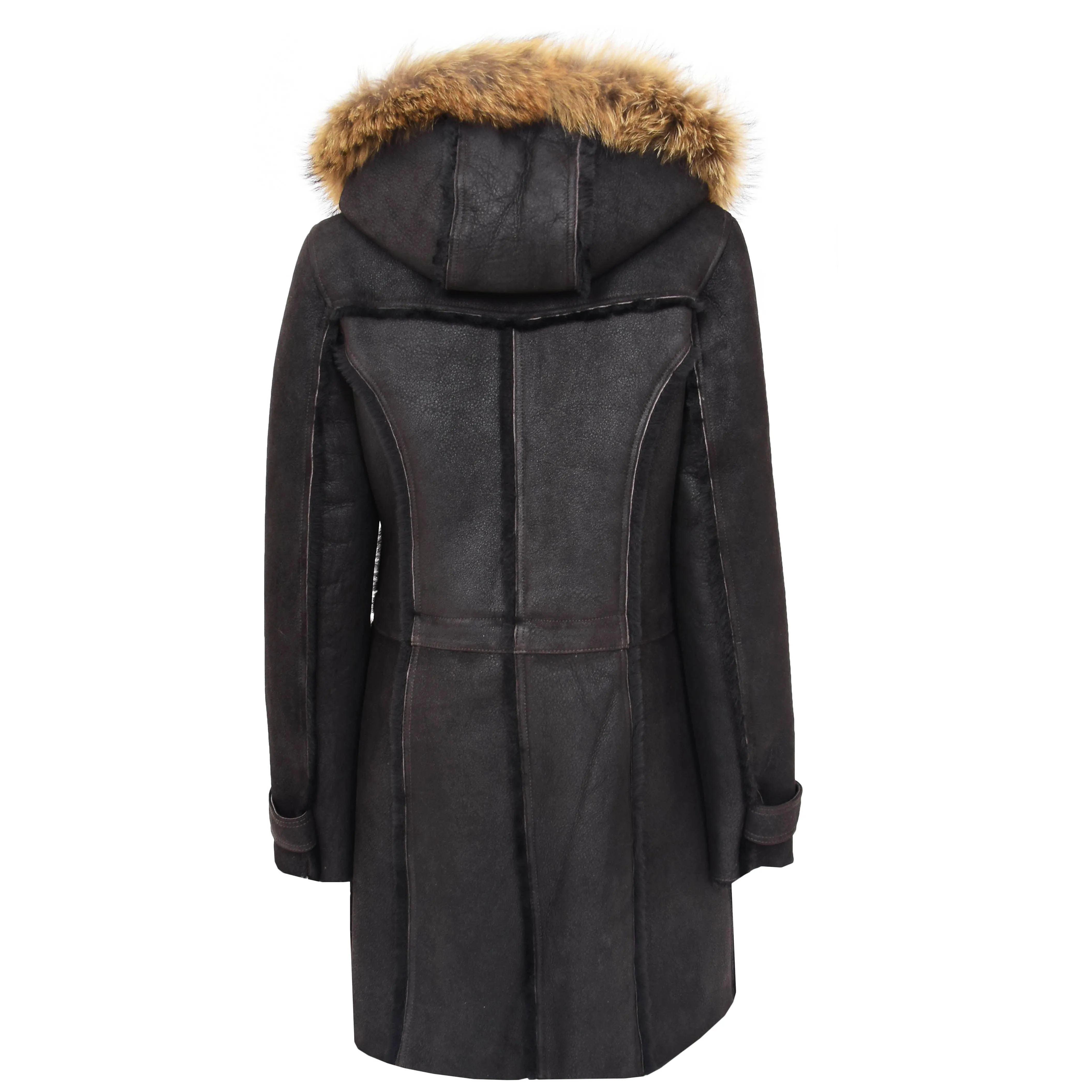 Womens Genuine Sheepskin Duffle Coat Hooded Shearling Jacket Evie Brown