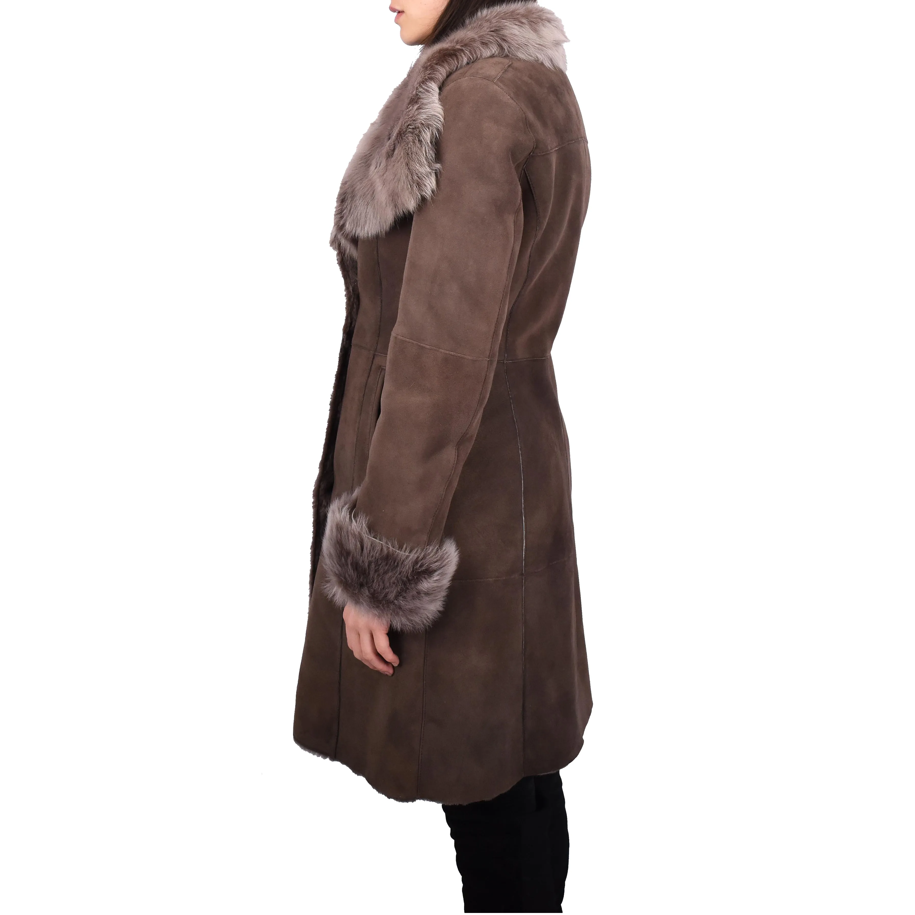 Womens Genuine Suede Merino Shearling Coat Toscana Collar Erika Brown