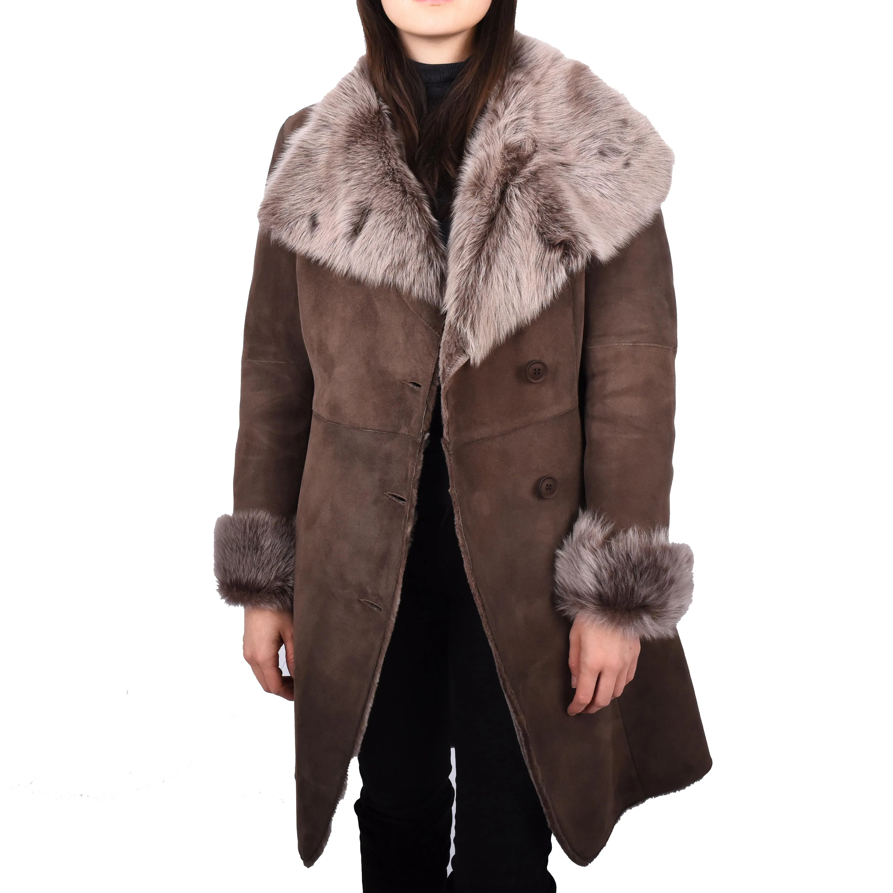 Womens Genuine Suede Merino Shearling Coat Toscana Collar Erika Brown