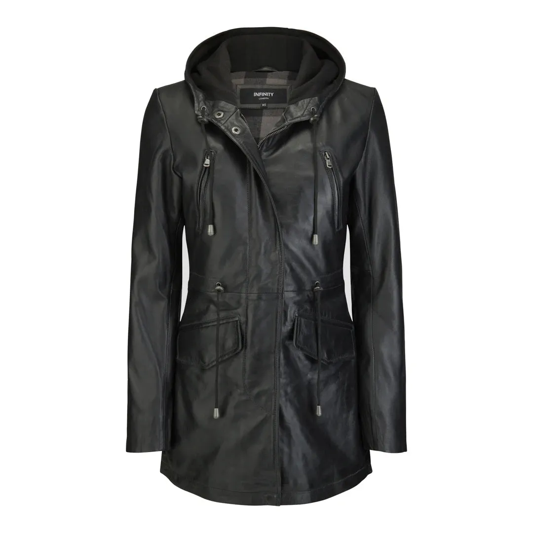 Women's Leather Peacoat Hooded Parka Jacket Navy Blue Brown