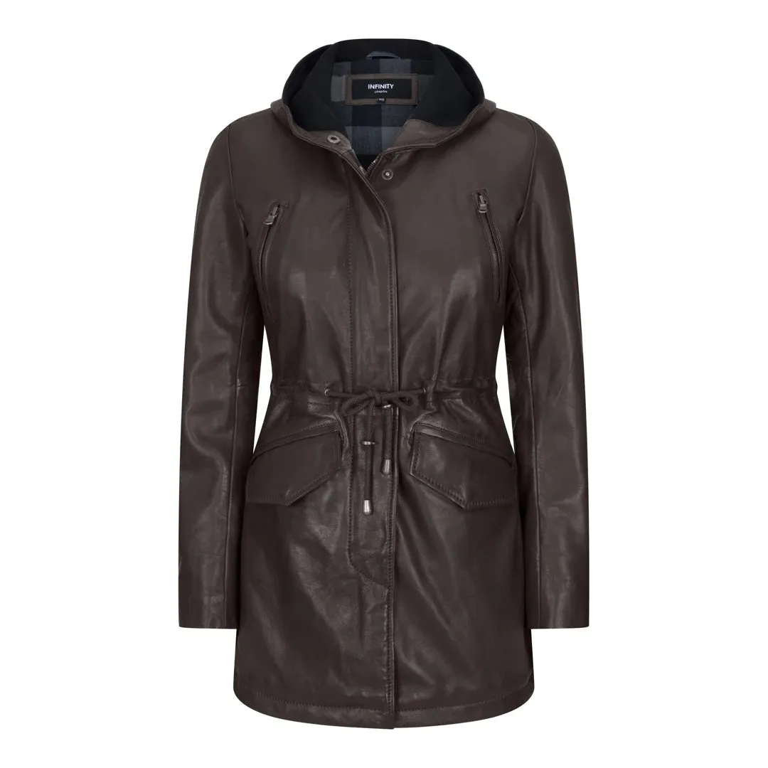 Women's Leather Peacoat Hooded Parka Jacket Navy Blue Brown