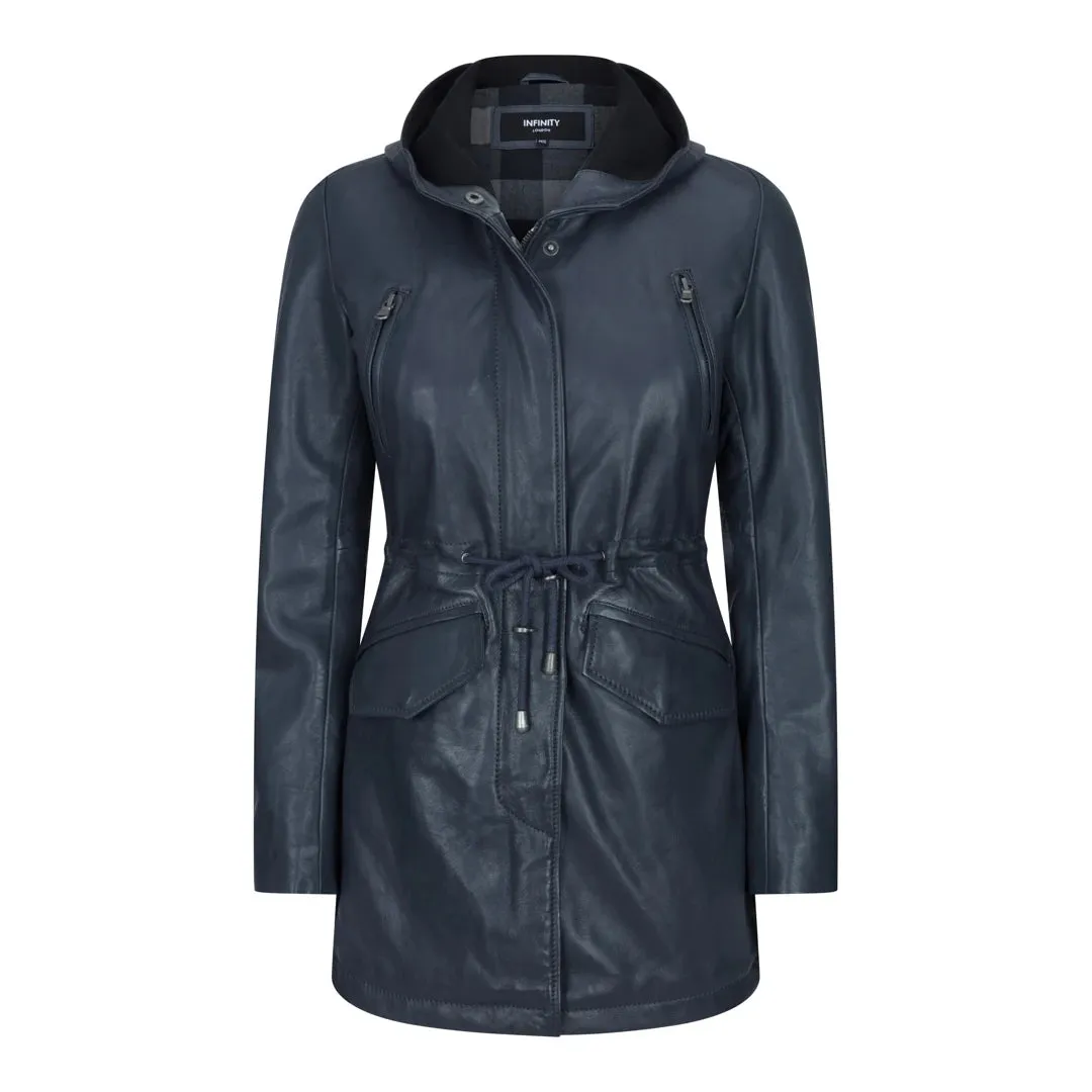 Women's Leather Peacoat Hooded Parka Jacket Navy Blue Brown