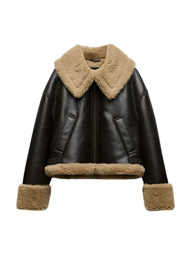 Women's Shearling Aviator Jacket - Brown Faux Leather